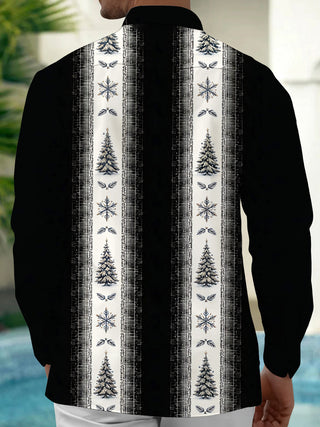 Adaychic Men's Printed Christmas Trees And Snowflakes Print Long Sleeve Shirt with Chest Pocket