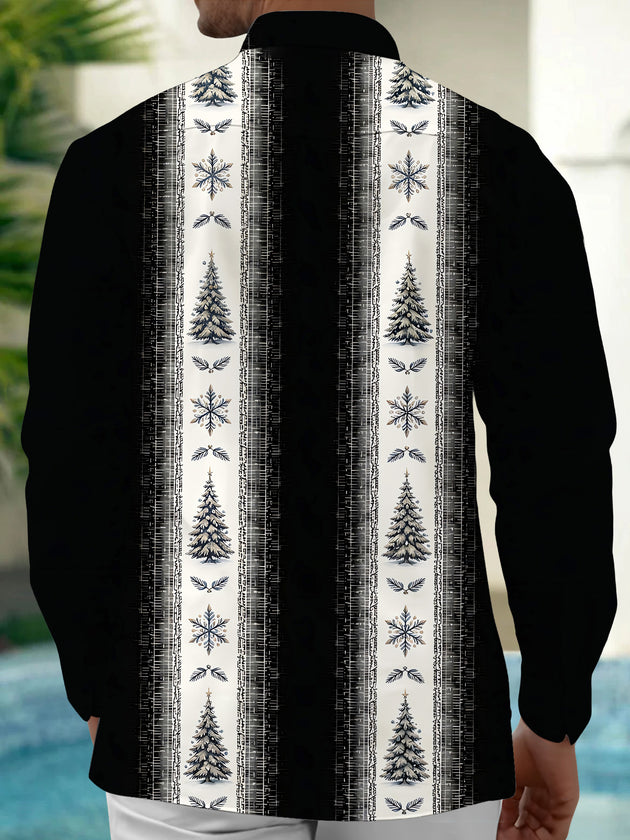 Adaychic Men's Printed Christmas Trees And Snowflakes Print Long Sleeve Shirt with Chest Pocket