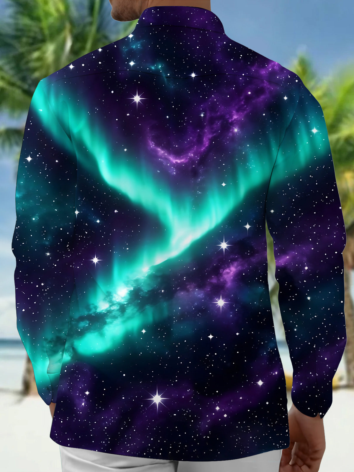 Adaychic Men's Aurora Borealis And Starry Night Sky Print Long Sleeve Shirt with Chest Pocket