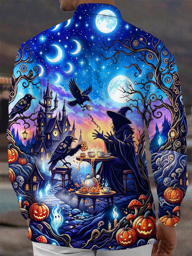 Adaychic Men's Halloween Witch And Raven Tea Party Print Long Sleeve Shirt with Chest Pocket