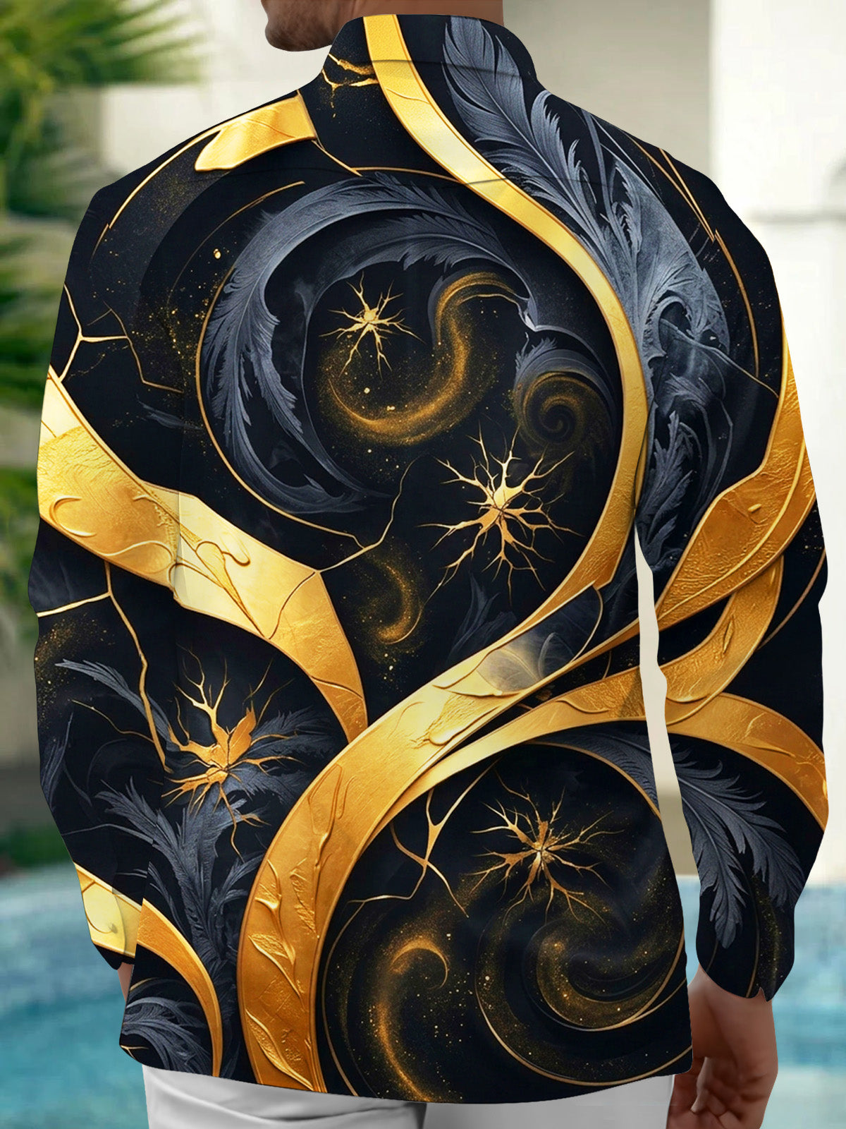 Adaychic Men's Long Sleeve Shirt - Abstract Gold And Black Spiral Art With Nerve-like Patterns Print with Chest Pocket
