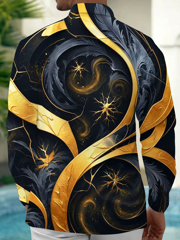 Adaychic Men's Long Sleeve Shirt - Abstract Gold And Black Spiral Art With Nerve-like Patterns Print with Chest Pocket