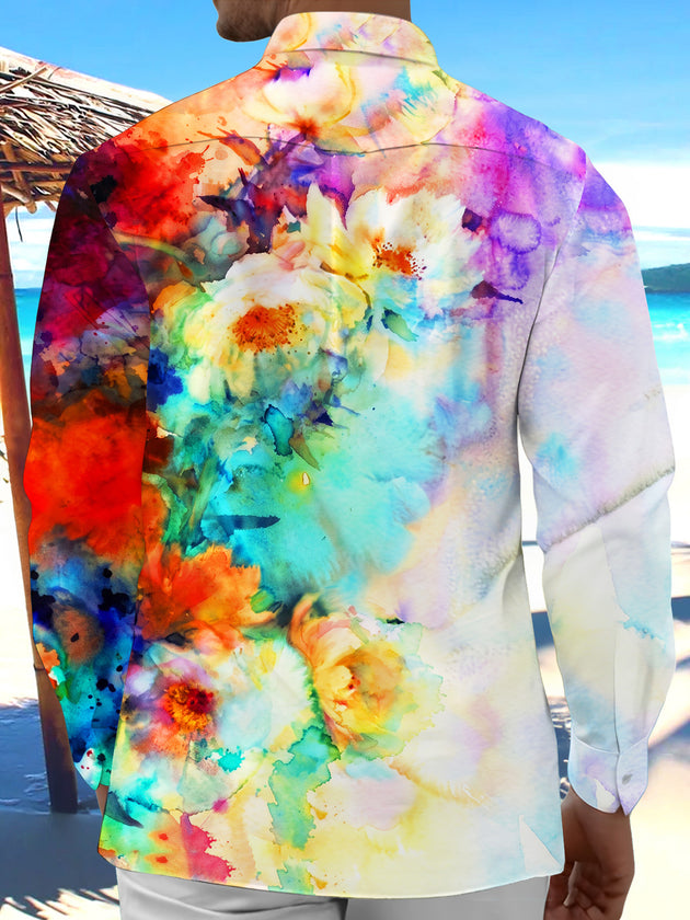 Adaychic Men's Printed Watercolor Flowers Print Long Sleeve Shirt with Chest Pocket