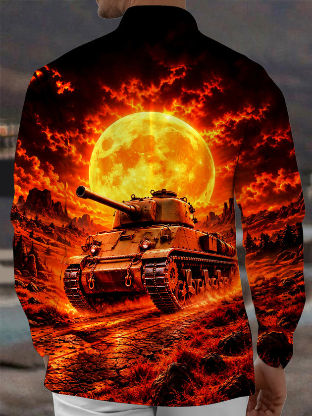 Adaychic Men's Graphic Tank And Fiery Landscape Print Long Sleeve Shirt with Chest Pocket