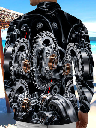 Adaychic Men's 3D Mechanical Gears Print Engine Chains Print Long Sleeve Shirt with Chest Pocket