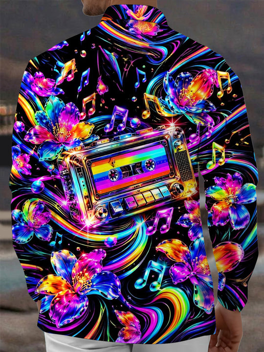 Adaychic Men's Hawaiian Neon Cassette Tape Print Long Sleeve Shirt with Chest Pocket