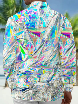 Adaychic Men's Graphic 3D Holographic Crinkled Foil Print Long Sleeve Button Down Shirt with Chest Pocket
