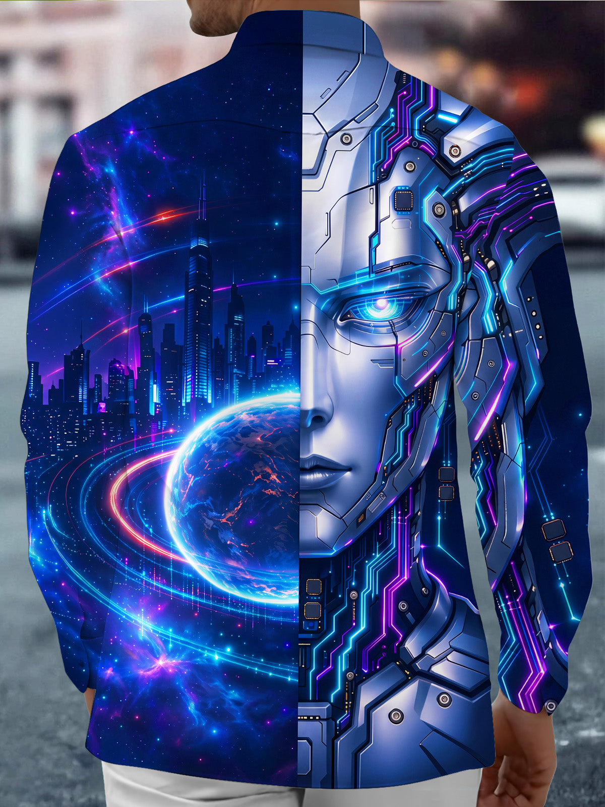 Adaychic Men's Long Sleeve Shirt - Cyber Robot Face And Futuristic Cityscape Print with Chest Pocket
