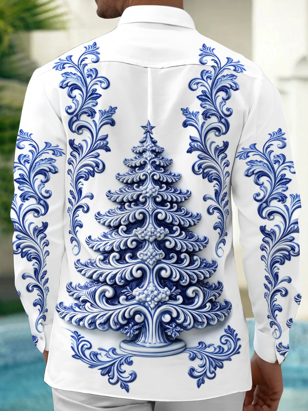 Adaychic Men's Long Sleeve Shirt - Christmas Tree With Baroque Floral Patterns Print with Chest Pocket
