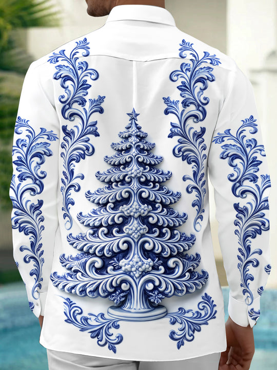Adaychic Men's Long Sleeve Shirt - Christmas Tree With Baroque Floral Patterns Print with Chest Pocket