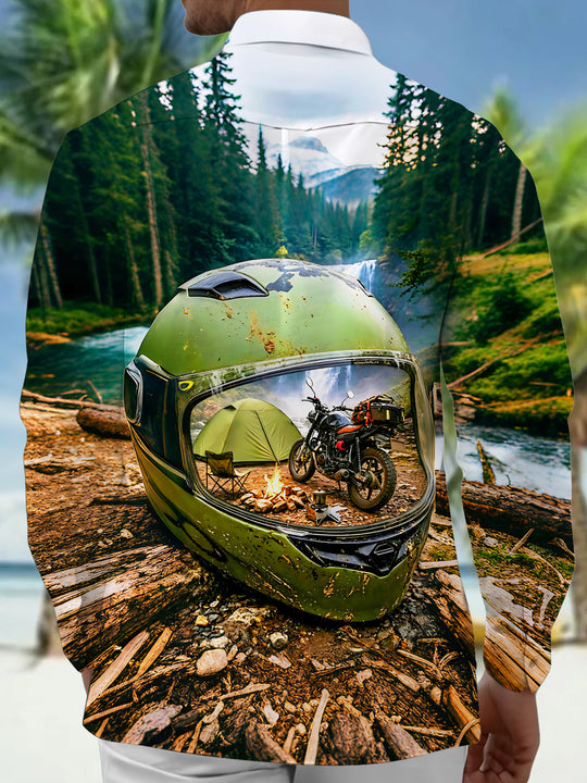 Adaychic Men's Printed Motorcycle Helmet Camping Scene Print Long Sleeve Shirt with Chest Pocket
