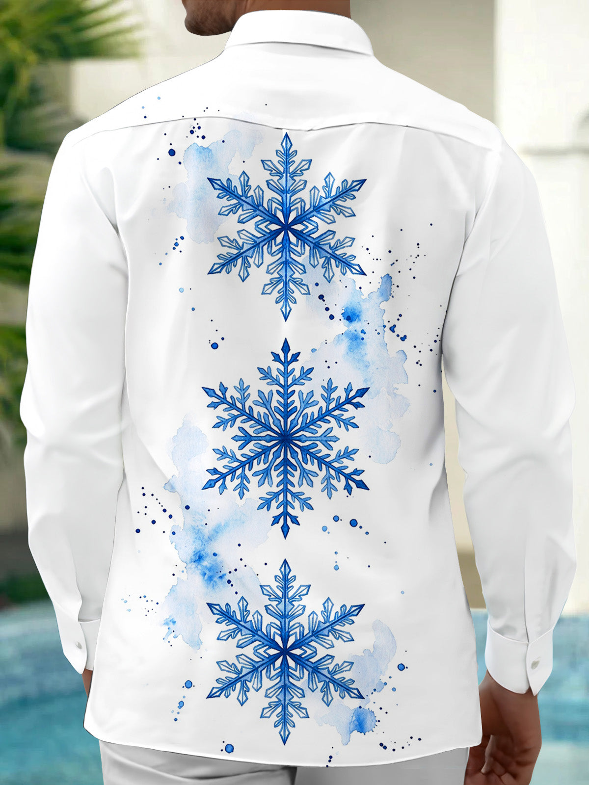 Adaychic Men's Blue Snowflakes With Watercolor Splashes Print Long Sleeve Shirt with Chest Pocket