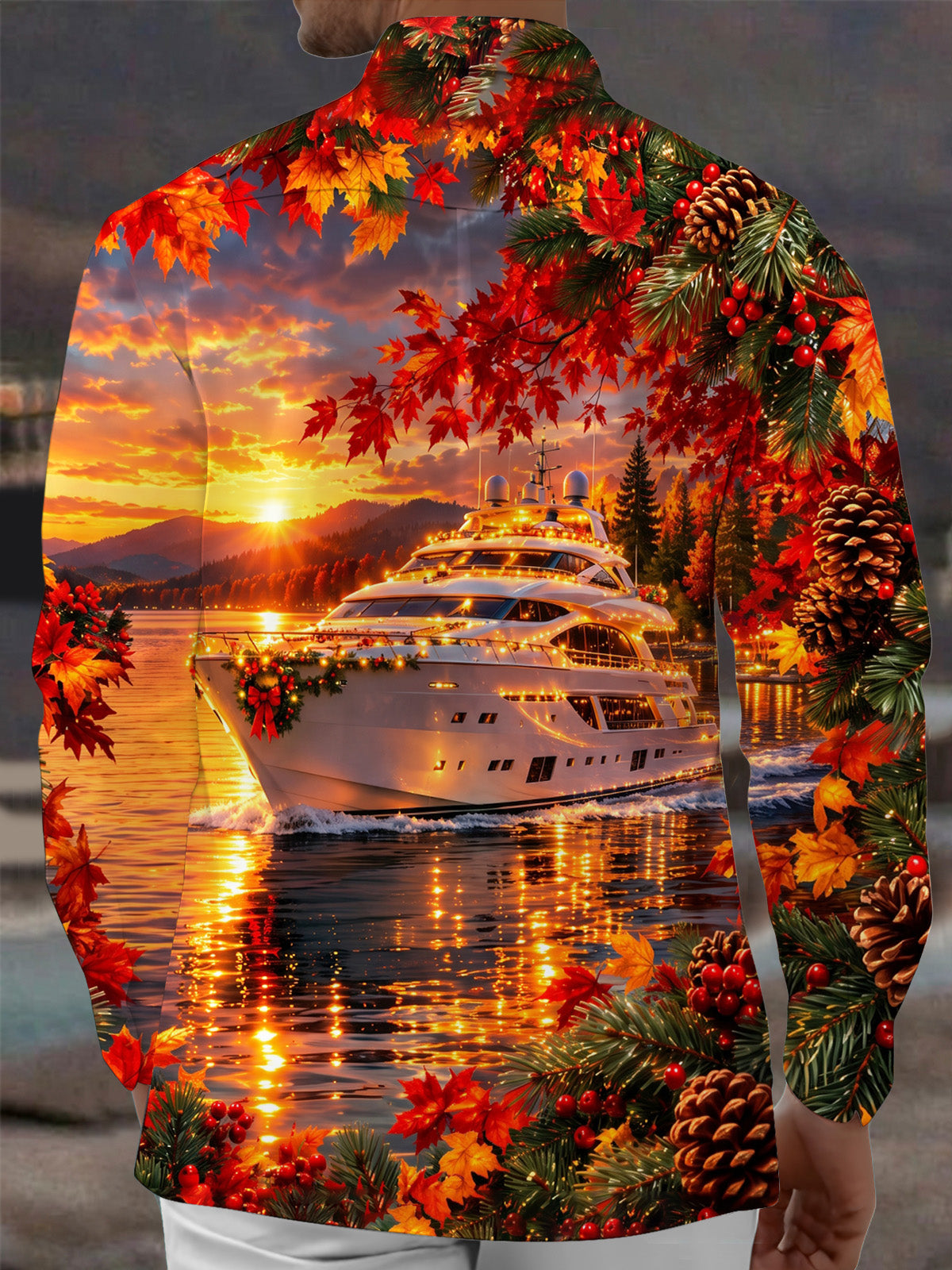 Adaychic Men's Short Sleeve Shirt - Cruise Ship With Christmas Wreath And Autumn Leaves Print with Chest Pocket