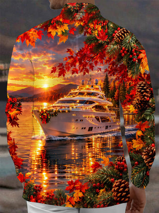 Adaychic Men's Short Sleeve Shirt - Cruise Ship With Christmas Wreath And Autumn Leaves Print with Chest Pocket