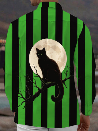 Adaychic Men's Long Sleeve Shirt - Halloween Black Cat On Tree Branch With Full Moon Print with Chest Pocket