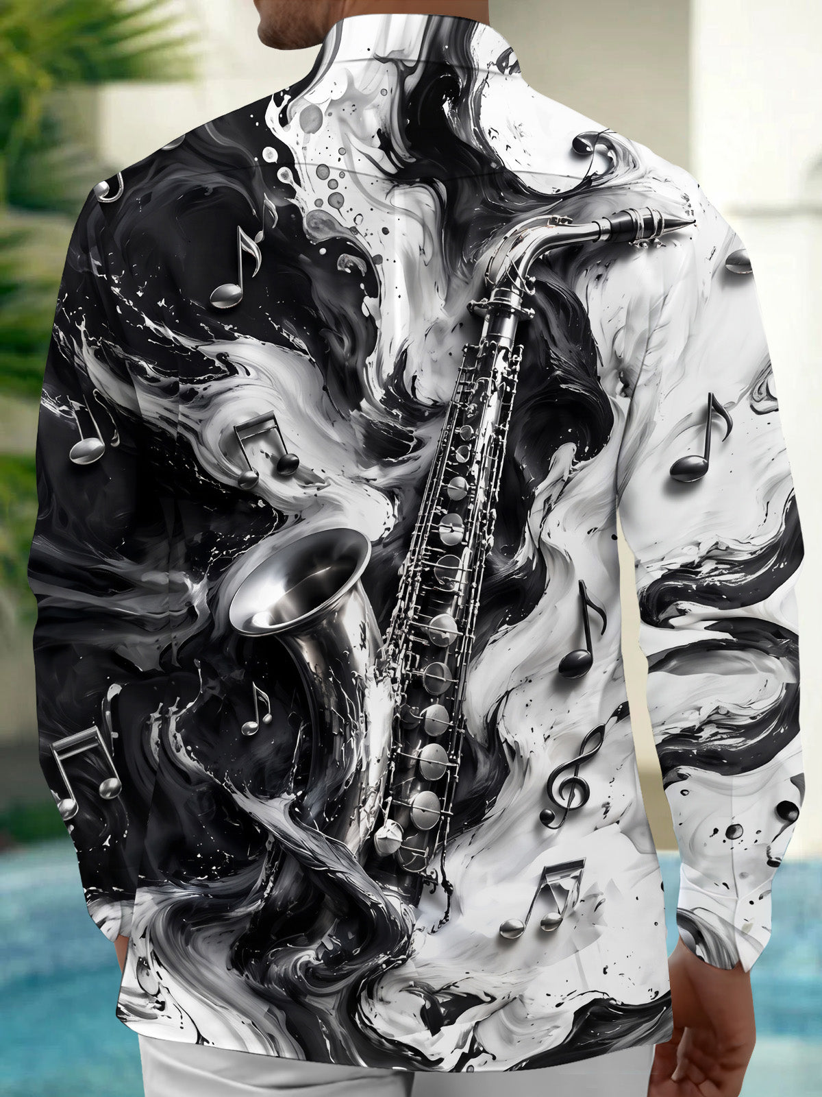 Adaychic Men's Graphic Saxophone And Musical Notes Print Long Sleeve Shirt with Chest Pocket