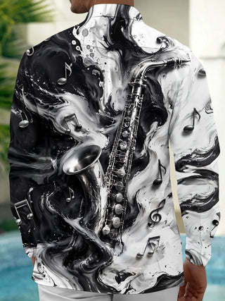 Adaychic Men's Graphic Saxophone And Musical Notes Print Long Sleeve Shirt with Chest Pocket