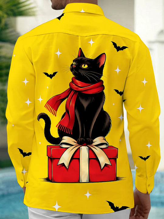 Adaychic Men's Long Sleeve Shirt - Christmas Black Cat With Red Scarf On Gift Box Print with Chest Pocket