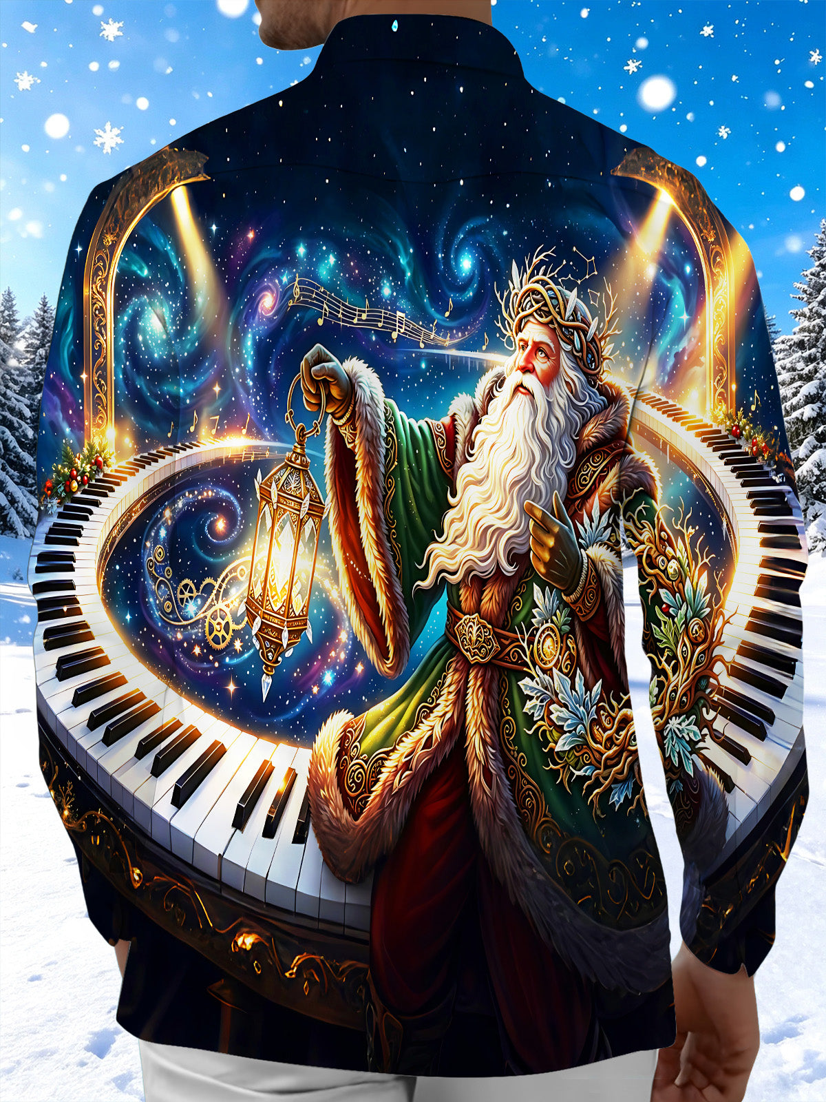 Adaychic Men's Santa Claus With Piano Keys And Lantern Print Long Sleeve Shirt with Chest Pocket
