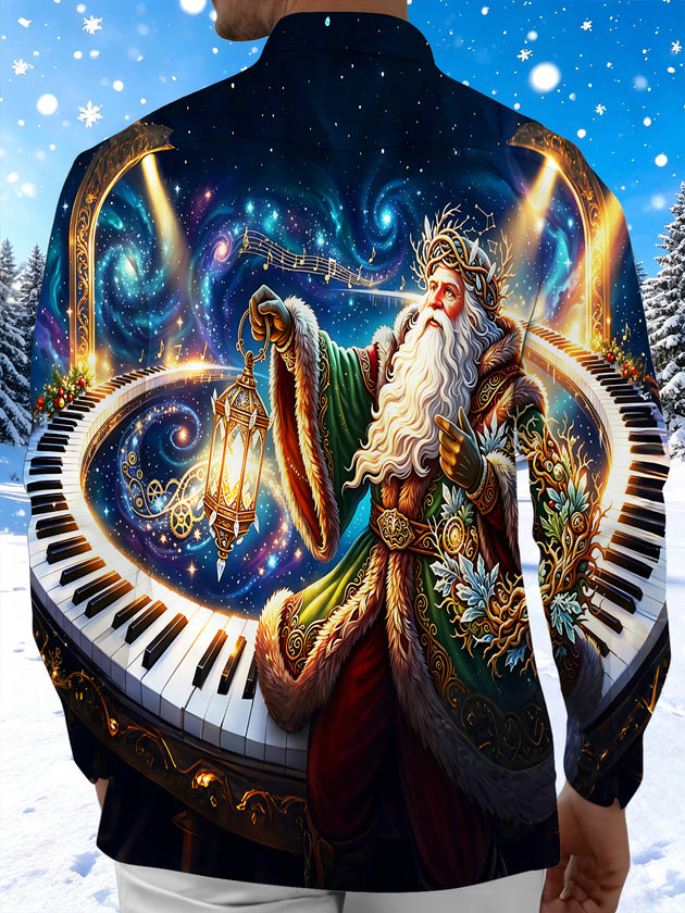 Adaychic Men's Santa Claus With Piano Keys And Lantern Print Long Sleeve Shirt with Chest Pocket