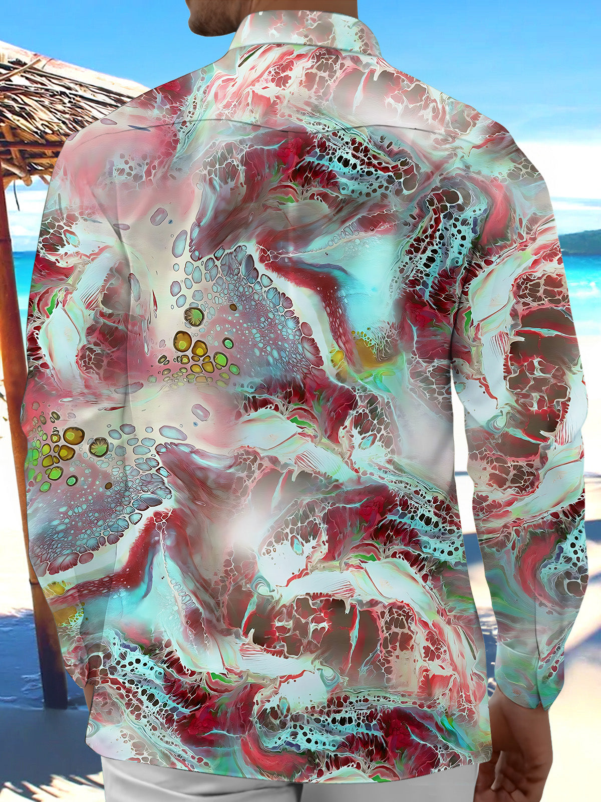 Adaychic Men's Printed Abstract Fluid Marble Print Long Sleeve Shirt with Chest Pocket