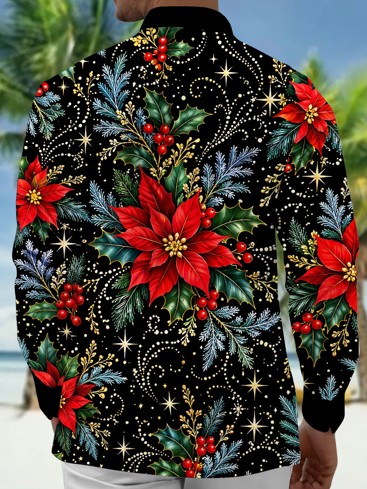 Adaychic Men's Hawaiian Christmas Poinsettia And Holly Print Long Sleeve Shirt with Chest Pocket