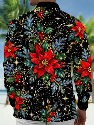 Adaychic Men's Hawaiian Christmas Poinsettia And Holly Print Long Sleeve Shirt with Chest Pocket