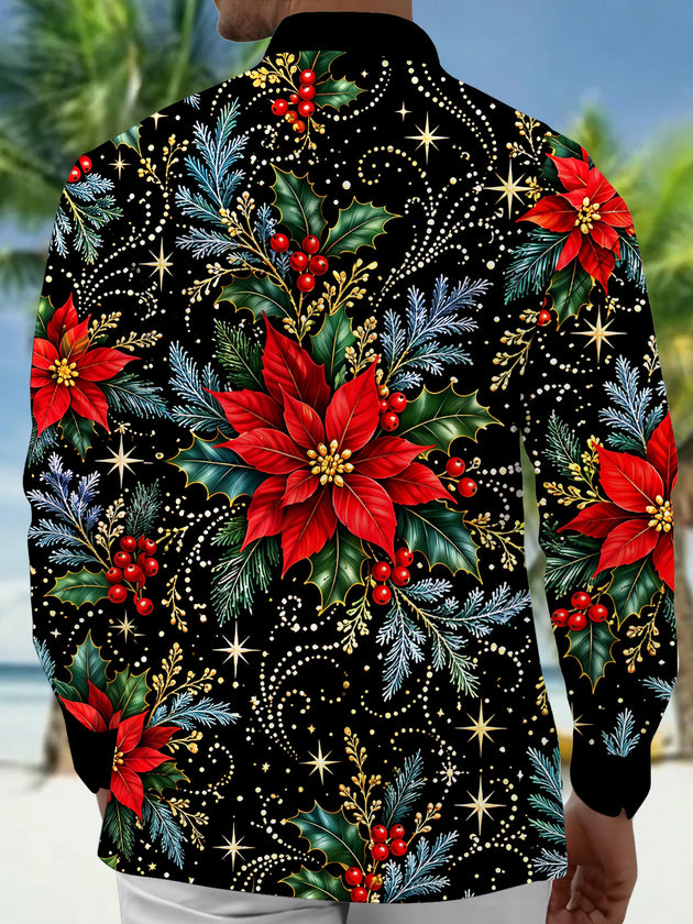 Adaychic Men's Hawaiian Christmas Poinsettia And Holly Print Long Sleeve Shirt with Chest Pocket