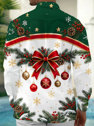 Adaychic Men's Long Sleeve Shirt - Christmas Bow And Ornaments With Pine Branches Print with Chest Pocket
