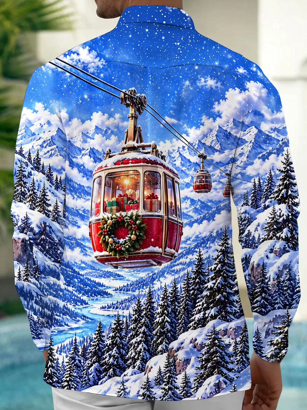 Adaychic Men's Long Sleeve Shirt - Mountain Cable Car With Christmas Gifts And Wreath Print with Chest Pocket