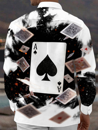 Adaychic Men's Graphic Playing Cards And Ace Of Spades Print Long Sleeve Shirt with Chest Pocket