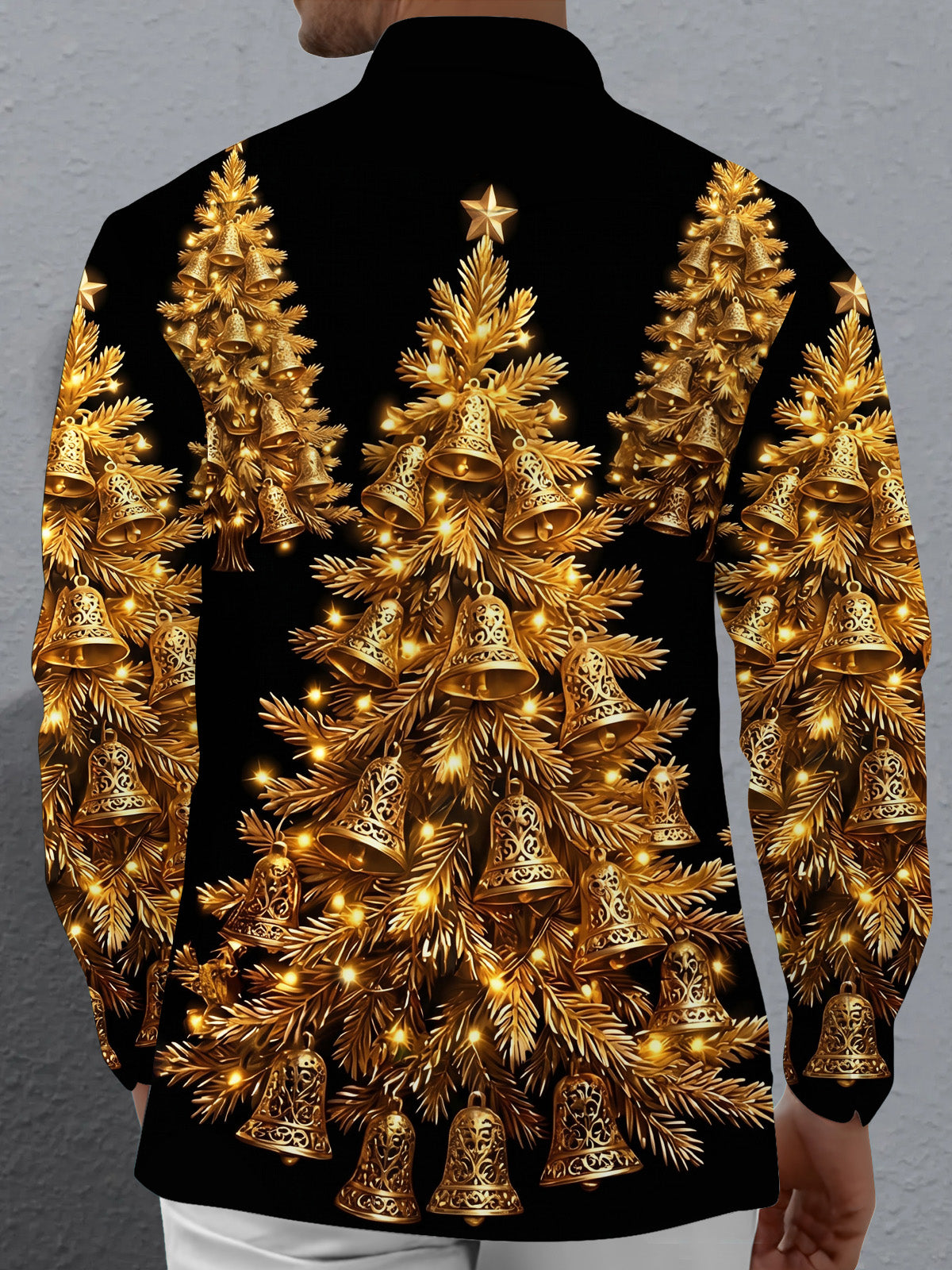 Adaychic Men's Long Sleeve Shirt - Golden Christmas Trees With Bells And Lights Print with Chest Pocket