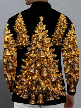 Adaychic Men's Long Sleeve Shirt - Golden Christmas Trees With Bells And Lights Print with Chest Pocket