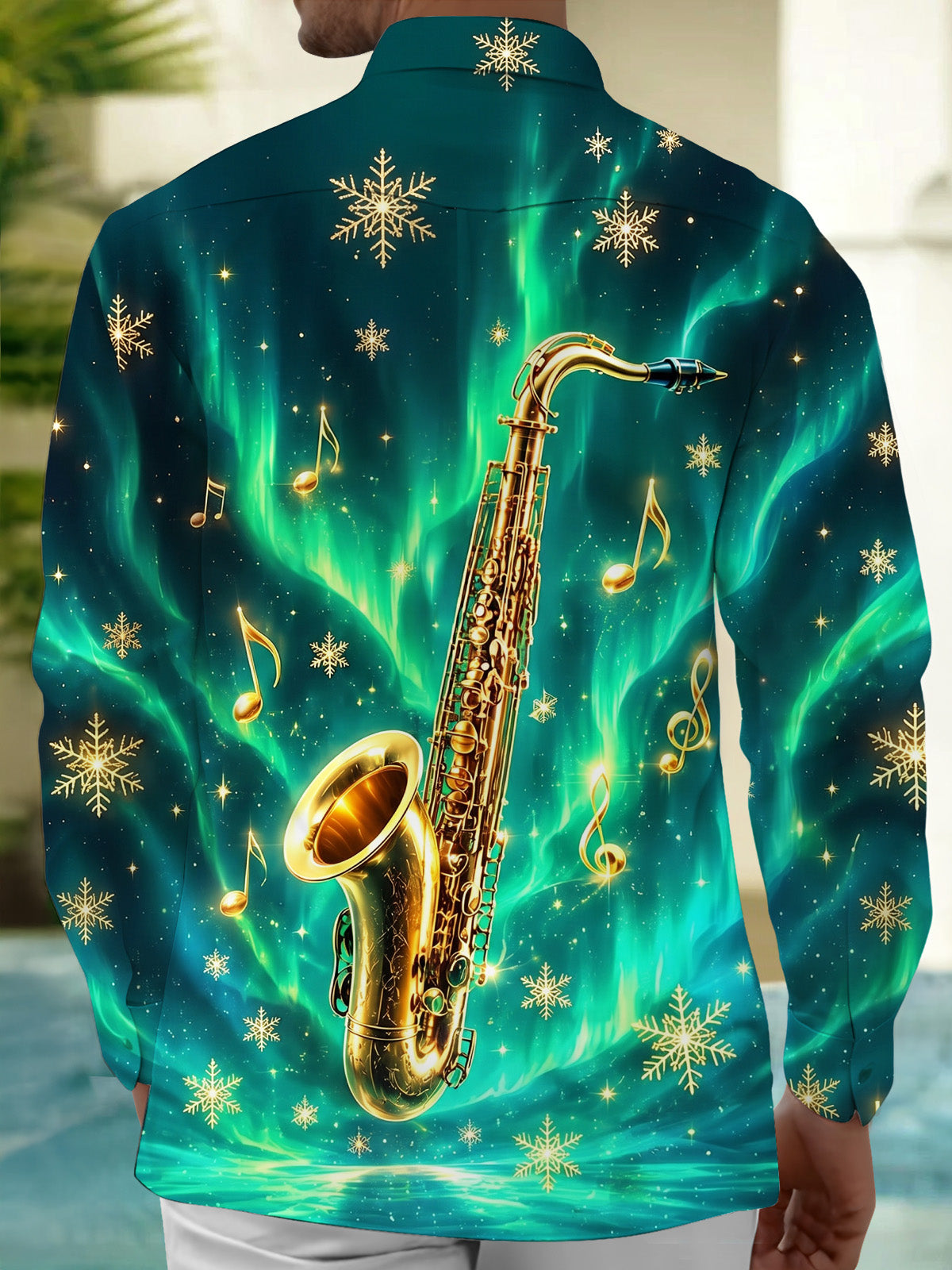Adaychic Men's Graphic Saxophone Print Snowflakes Print Long Sleeve Shirt with Chest Pocket