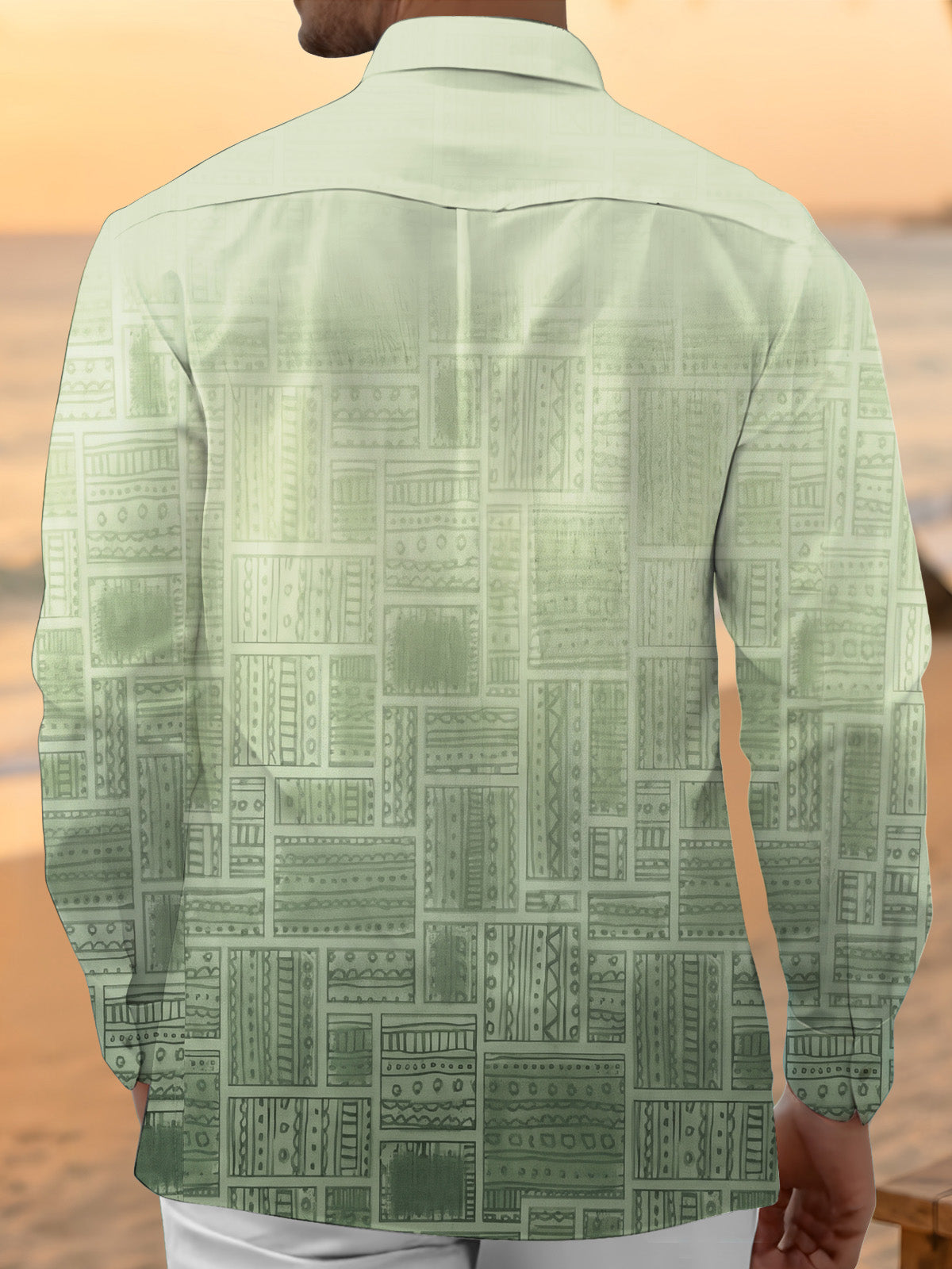 Adaychic Men's Patterned Geometric Gradient Squares Print Long Sleeve Shirt with Chest Pocket