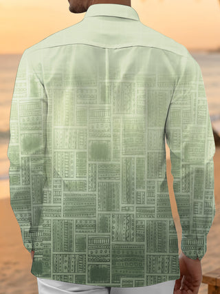 Adaychic Men's Patterned Geometric Gradient Squares Print Long Sleeve Shirt with Chest Pocket