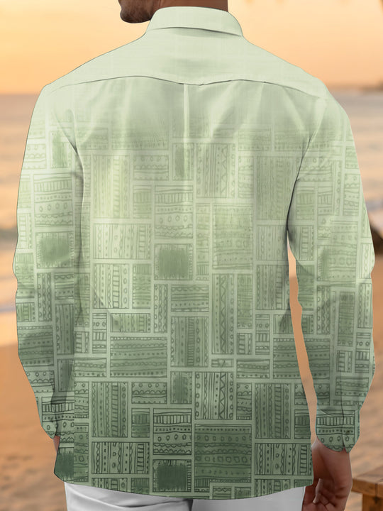 Adaychic Men's Patterned Geometric Gradient Squares Print Long Sleeve Shirt with Chest Pocket
