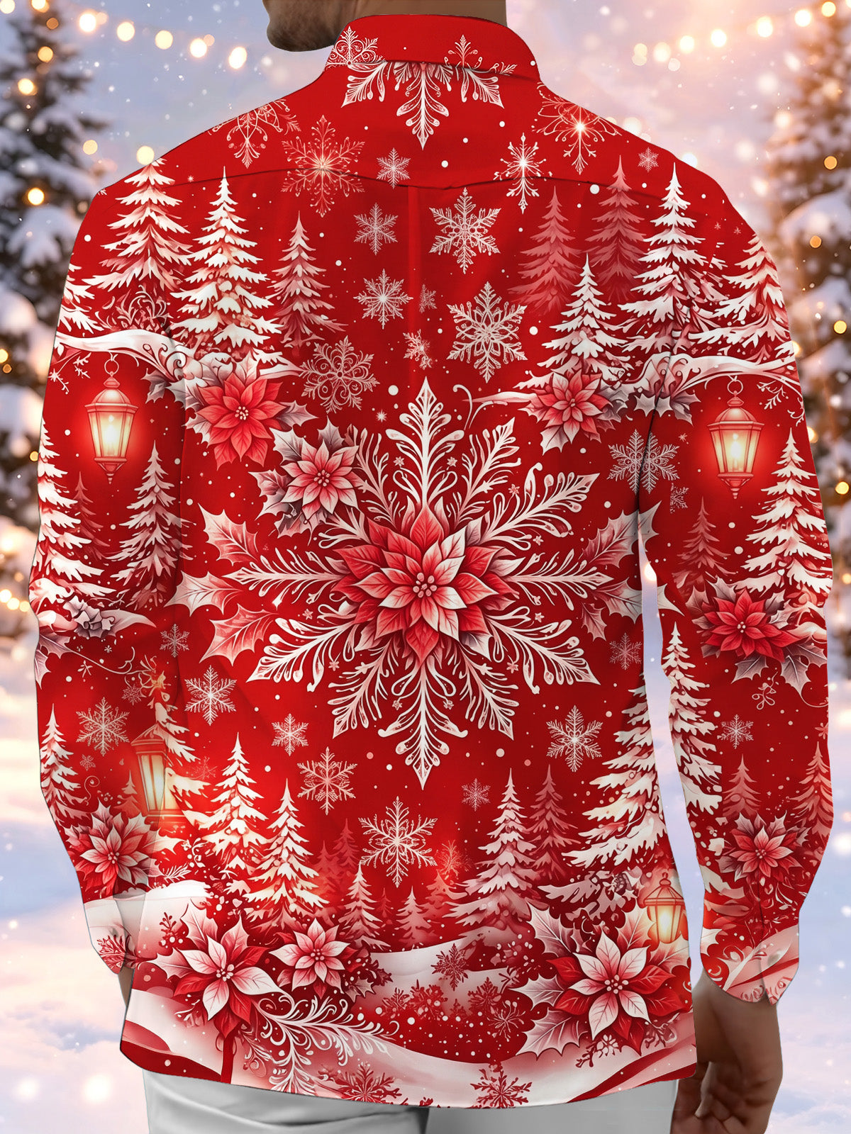Adaychic Men's Christmas Snowflakes And Poinsettias Print Long Sleeve Shirt with Chest Pocket