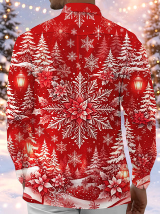Adaychic Men's Christmas Snowflakes And Poinsettias Print Long Sleeve Shirt with Chest Pocket