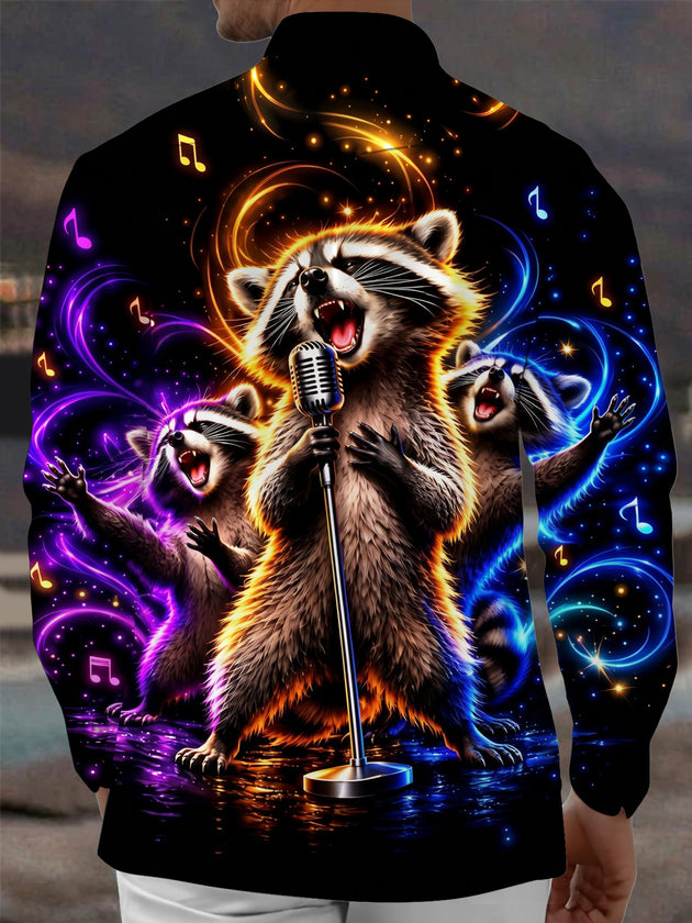 Adaychic Men's Long Sleeve Shirt - Singing Raccoons With Microphone And Musical Notes Print with Chest Pocket