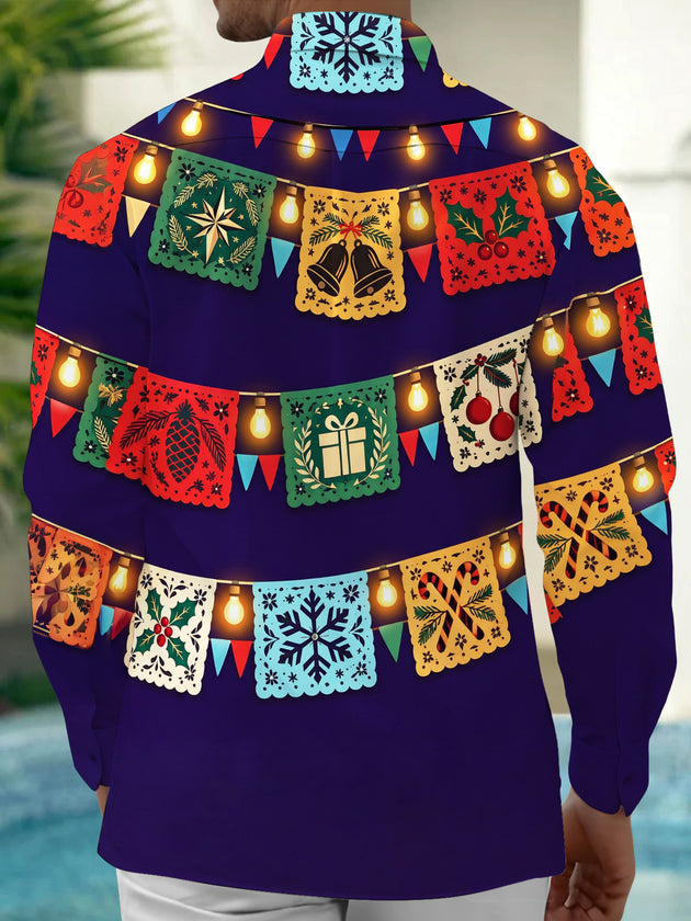 Adaychic Men's Long Sleeve Shirt - Christmas Paper-cutting Flags And String Lights Print with Chest Pocket