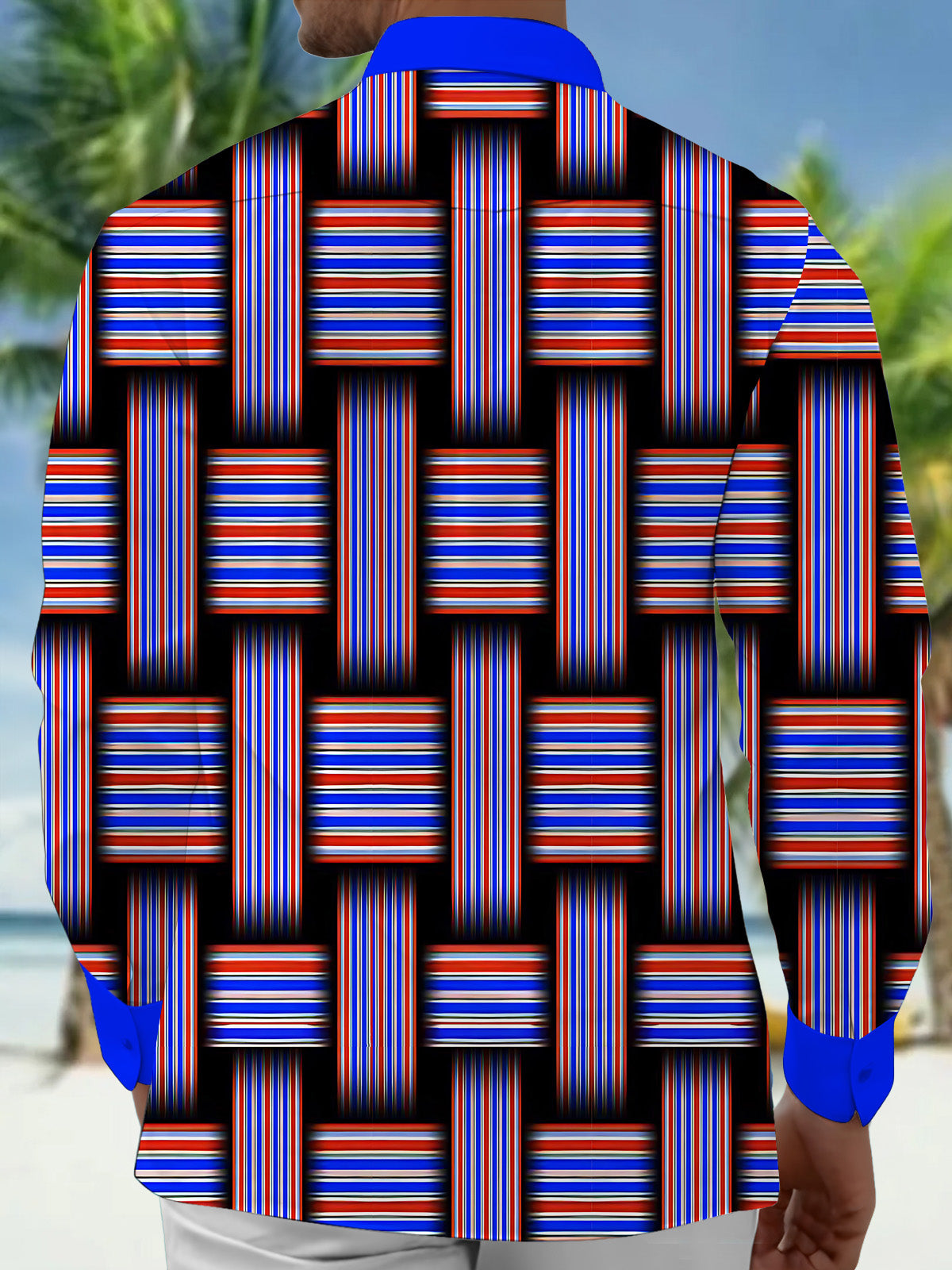 Adaychic Men's Striped Geometric Weave Stripes Print Long Sleeve Shirt with Chest Pocket