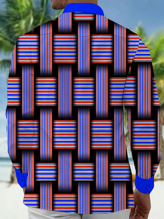 Adaychic Men's Striped Geometric Weave Stripes Print Long Sleeve Shirt with Chest Pocket