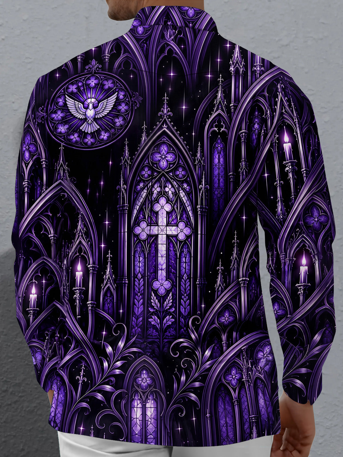 Adaychic Men's Long Sleeve Shirt - Gothic Cathedral Stained Glass With Cross And Dove Print with Chest Pocket