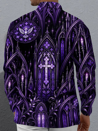 Adaychic Men's Long Sleeve Shirt - Gothic Cathedral Stained Glass With Cross And Dove Print with Chest Pocket