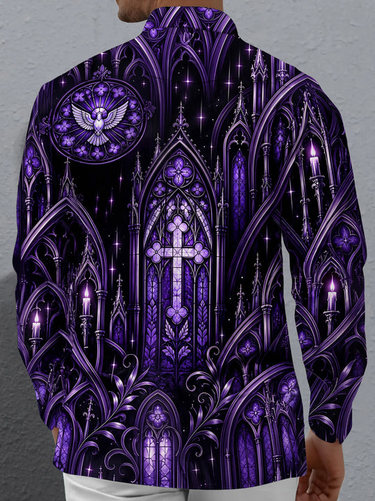Adaychic Men's Long Sleeve Shirt - Gothic Cathedral Stained Glass With Cross And Dove Print with Chest Pocket