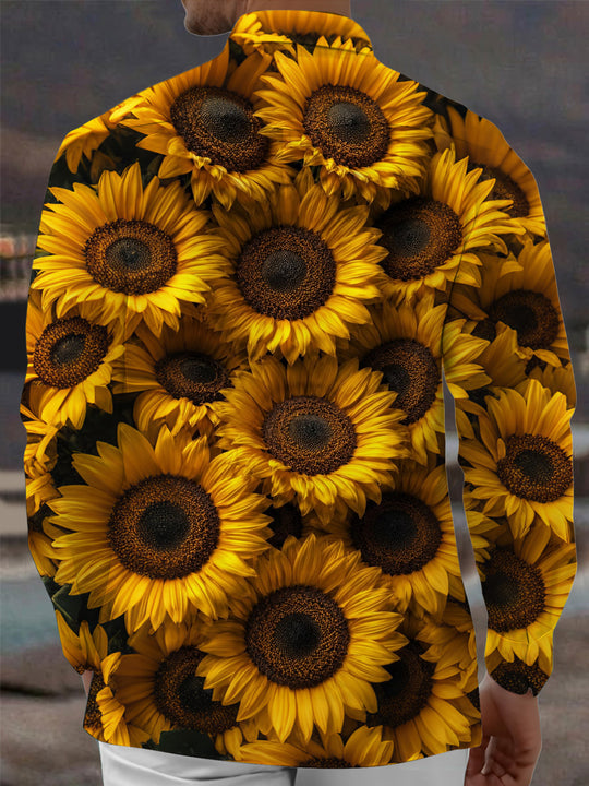 Adaychic Men's Hawaiian Sunflower Print Long Sleeve Shirt with Chest Pocket