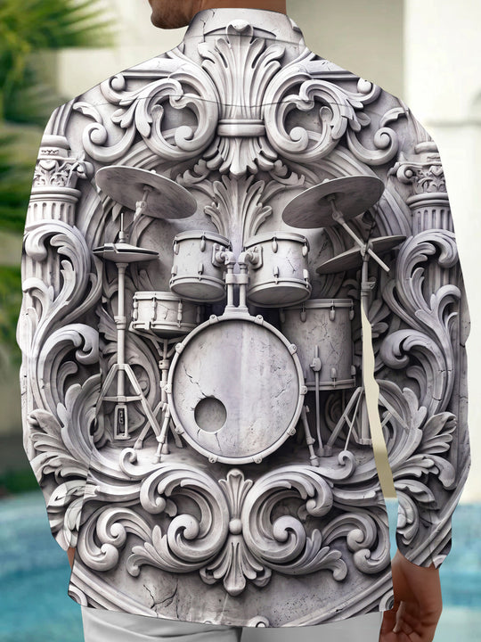 Adaychic Men's Stone Carving Drum Set Print Long Sleeve Shirt with Chest Pocket