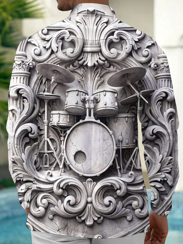 Adaychic Men's Stone Carving Drum Set Print Long Sleeve Shirt with Chest Pocket
