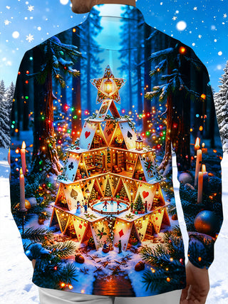 Adaychic Men's Printed Christmas Card House Print Long Sleeve Shirt with Chest Pocket